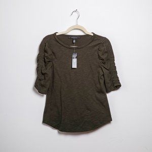 WHBM Olive Knit Top With Ruffled/Puff Sleeves NWT